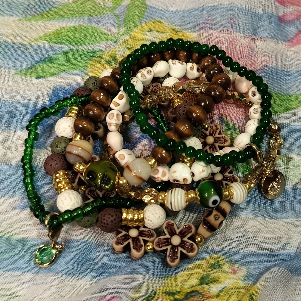 Artisan Beaded Bracelet 7pcs Set - Green, Brown, White